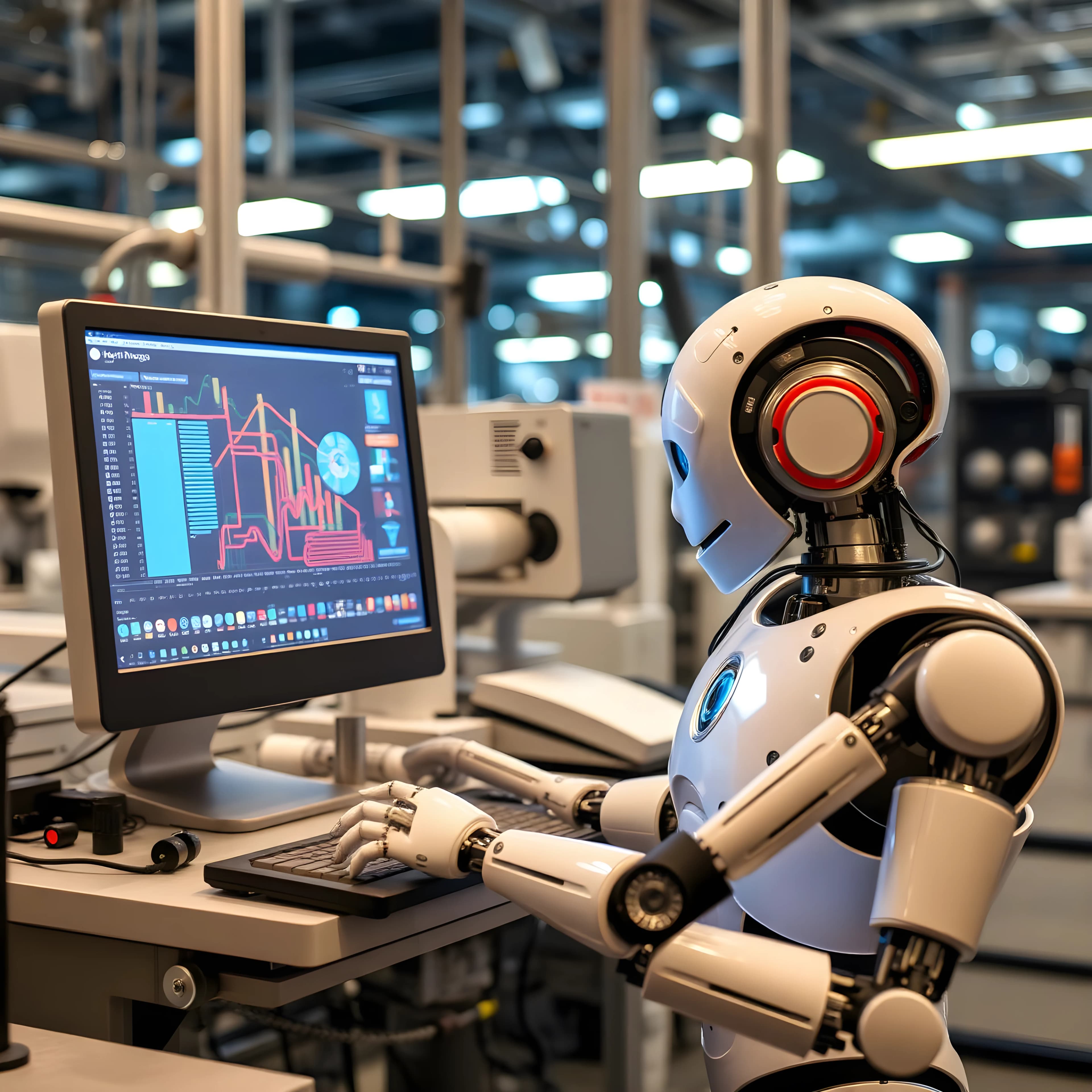 Illustration: an AI robot working at a computer in an automated production environment